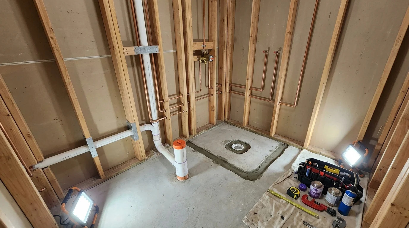 Bathroom rough-in plumbing during remodel by Johns Plumbing LLC in Mountain Lakes