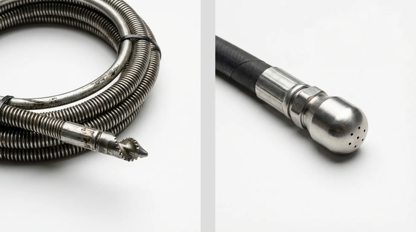 Drain snake cable and hydro jetting nozzle used for drain cleaning in Mountain Lakes, NJ