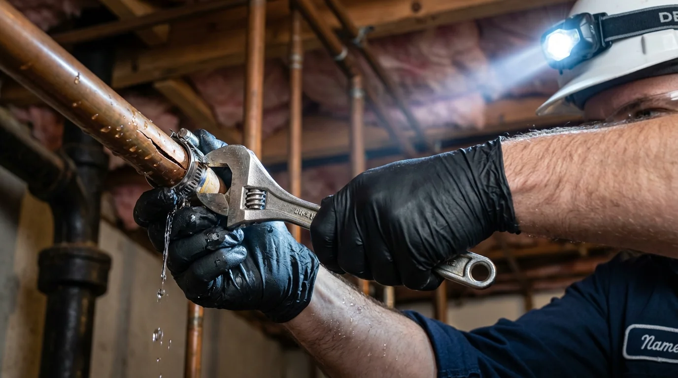 Emergency pipe clamp repair being performed by a Johns Plumbing LLC plumber in Mountain Lakes