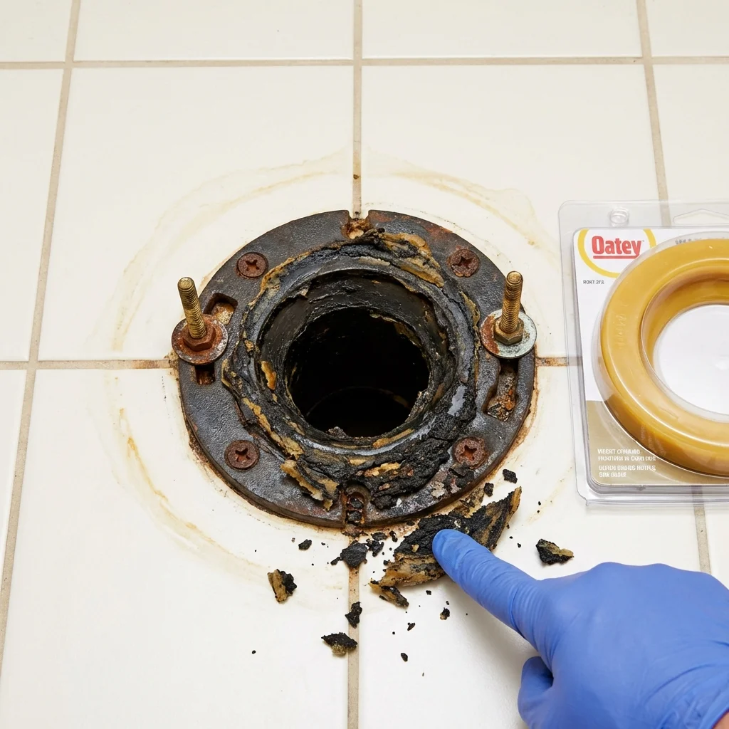 Failed wax ring showing water seepage at the base of a toilet in a Mountain Lakes, NJ home