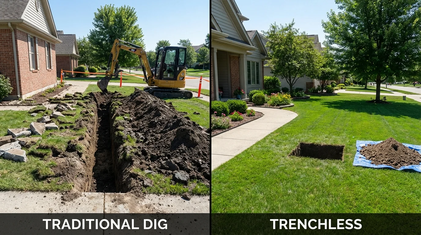 Trenchless sewer repair with minimal yard damage versus traditional excavation in Mountain Lakes, NJ