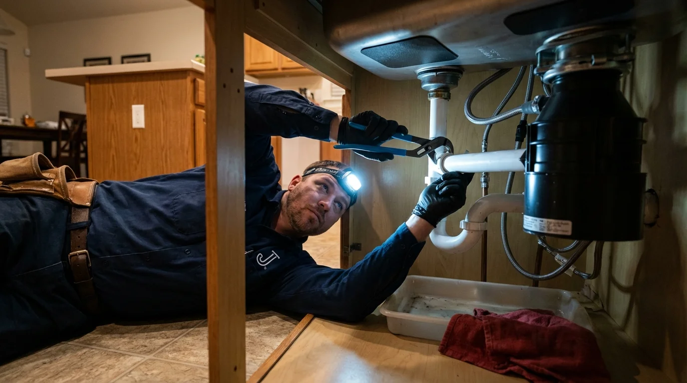 P-trap and supply line connections under a kitchen sink showing a common leak point in Mountain Lakes, NJ